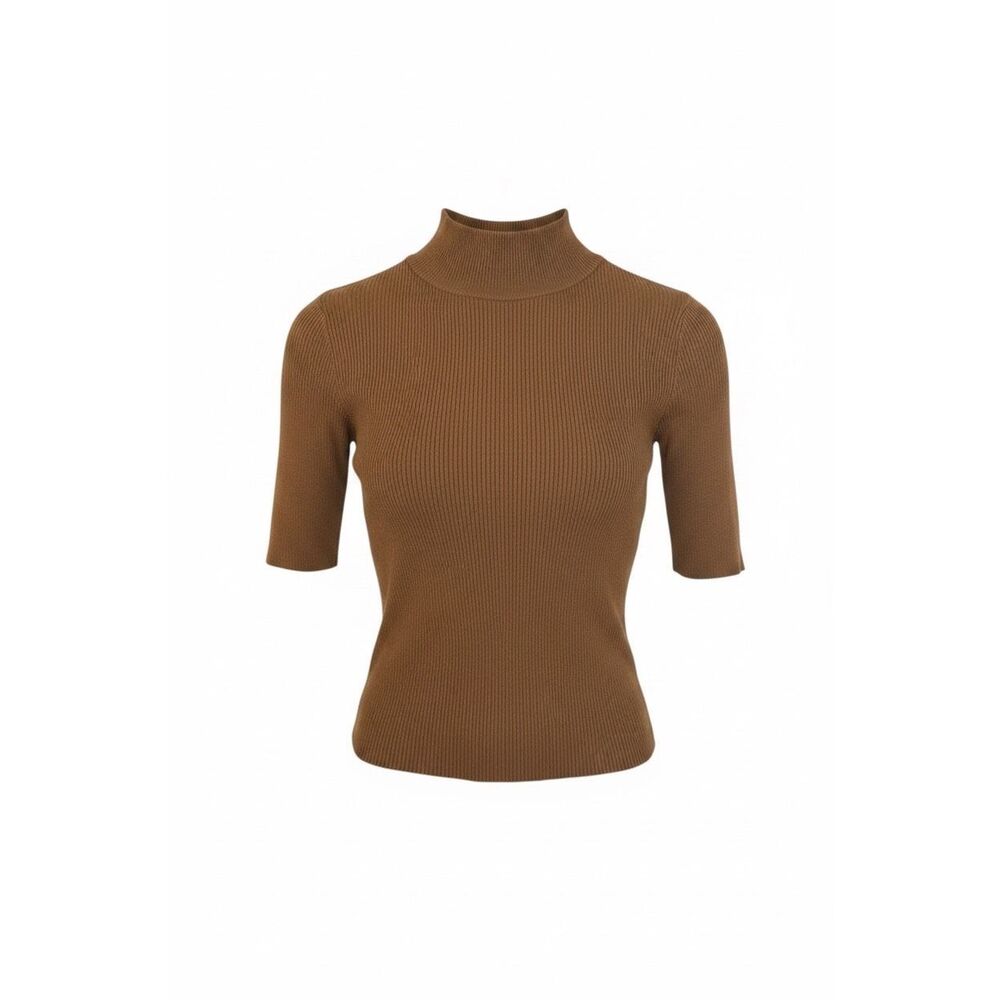 Double Zero Mock Neck Ribbed‎ Short Sleeve Stretch Sweater Top Brown Small